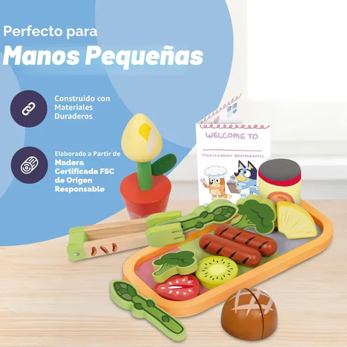 Miniatura 3 de Bluey Frutas y verduras de juguete para niños pequeños, 32 piezas de comida de simulación con platos, utensilios, comida de juego para bebés