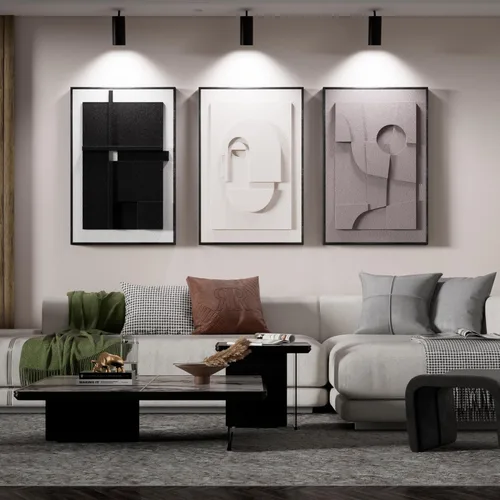 Miniatura 2 de Arte de pared abstracto texturizado 3D para dormitorio, 3 piezas de escultura moderna con marco neutro, pinturas cubistas geométricas de tono tierra