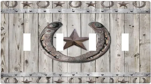 Miniatura 66 de Cubiertas de pared de estilo rústico occidental de madera puerta de granero herradura de hierro estrella placas de pared simple dúplex cubiertas
