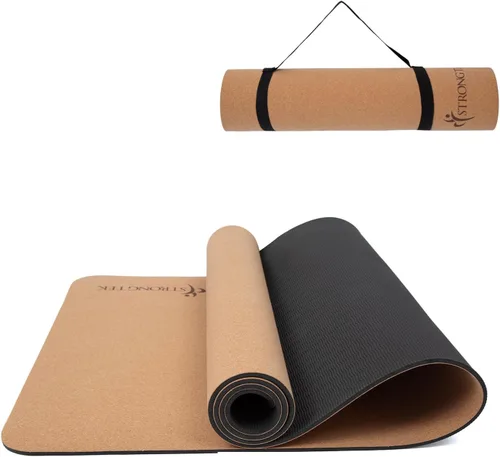 StrongTek Esterilla de yoga de corcho ecológico, 7mm de espesor, 183 x 61 cm, corcho+TPE, 0.9 kg, antideslizante, ligera y acolchada para yoga