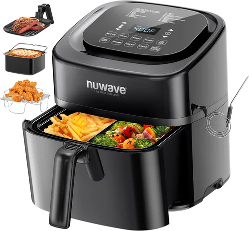 Nuwave Brio - Freidora de aire 10 en 1, capacidad de freidora de aire de 6 cuartos de galón con sonda inteligente, horneado para comidas rápidas,