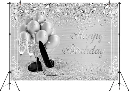 Miniatura 2 de Telón de fondo plateado de 7 x 5 pies, diamantes con brillantina, globos de tacón alto, cristal champán, niñas y mujeres, dulces 16, fondo