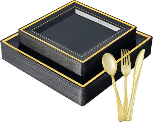 Miniatura 8 de 125 unidades de platos de plástico dorados incluyen 25 platos para cenar, 25 postres desechables y cubiertos desechables dorados, juego de vajilla