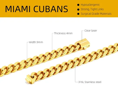 Miniatura 2 de CaptainSteeL Miami - Collar de cadena cubana para hombresmujeres, acero inoxidable 316L, 50.354 in de ancho, 18202224 pulgadas de largo, joyería