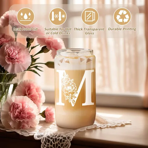 Miniatura 2 de Taza de Vidrio Inicial Coolife, Regalos Personalizados para Mujeres, Tazas de Vidrio de 16 oz con Tapas y Popotes, Jarra de Cerveza de Vidrio