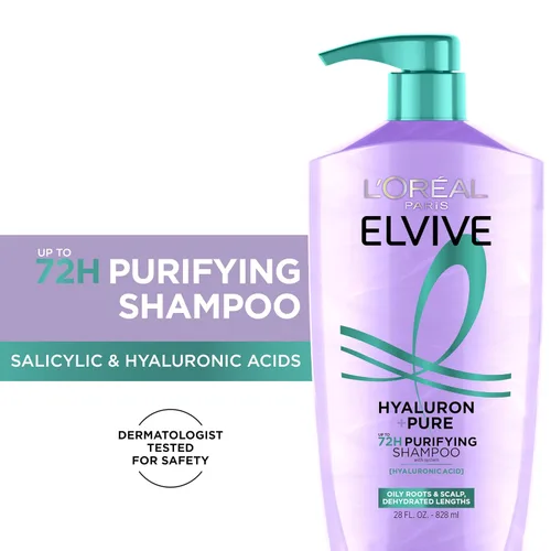 Miniatura 2 de L'Oreal Paris Elvive Hyaluron + Pure 72H Champú purificador para cabello graso, champú clarificador con ácido salicílico y ácido hialurónico, 28