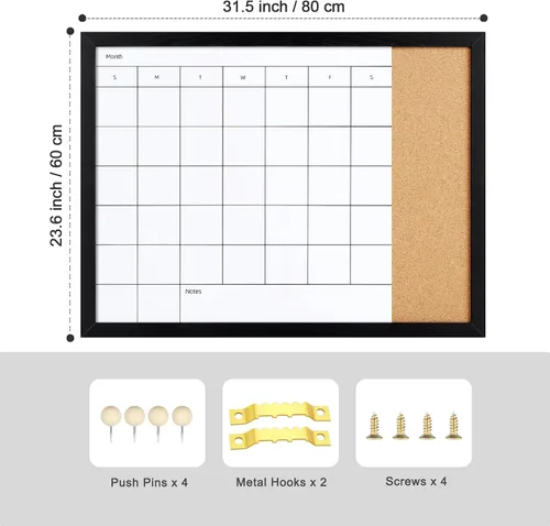 Miniatura 2 de Pizarra de borrado en seco y tablero de corcho, calendario mensual de superficie magnética, pizarra blanca y tablero de anuncios, calendario