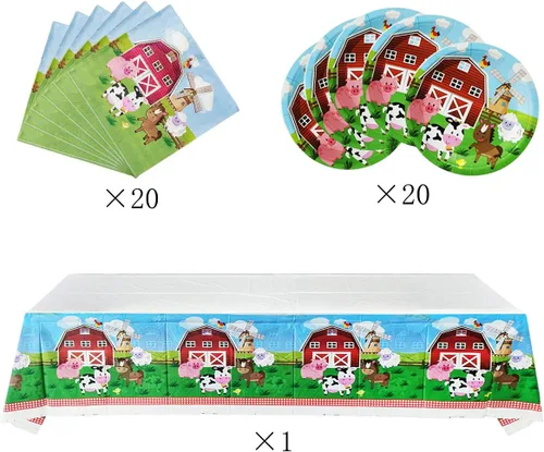 Miniatura 2 de Juego de vajilla de fiesta de animales de granja, 20 platos y 20 servilletas y mantel de 71 x 42 pulgadas, suministros de decoración para fiestas