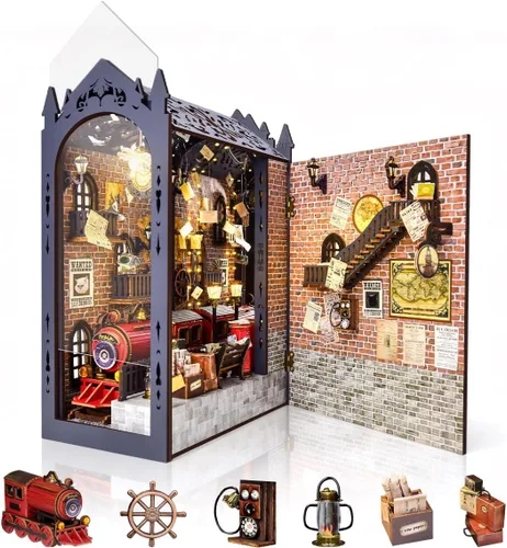 Kit de rincón de libro de estación de tren retro, rompecabezas de casa de muñecas en miniatura 3D con luz LED, apto para principiantes para adultos,