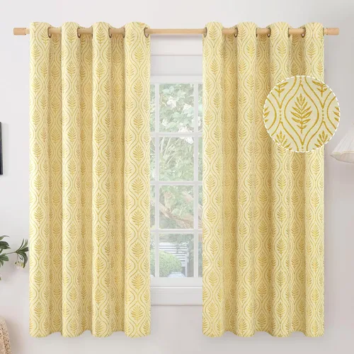 Miniatura 9 de BGment - Cortinas francesas de campo amarillas mostaza de 63 pulgadas de largo para dormitorio, patrón botánico de jacquard de hojas, estilo rústico