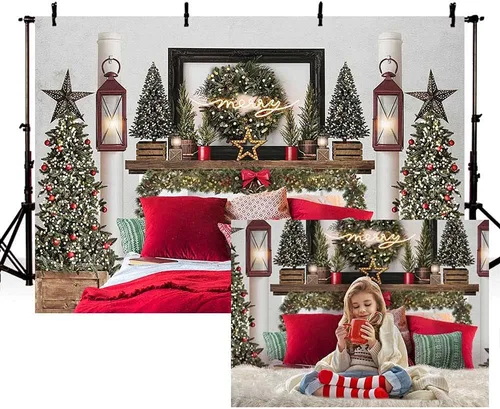MEHOFOND Cabecera de Navidad roja de 7 x 5 pies, telón de fondo de cama para niños, retrato de fotografía de invierno, vacaciones de invierno,