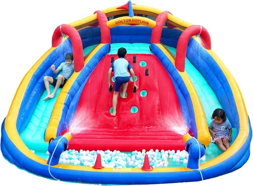 Mixcous Parque inflable de doble toboganes de agua, casa de rebote con piscina de salpicaduras, tobogán acuático grande para niños con pared de