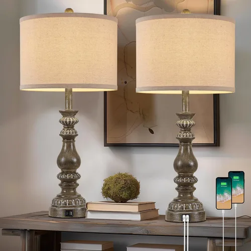 Miniatura 11 de Juego de 2 Lámparas de Mesita de Noche Estilo Granja para Dormitorio con Puertos USB A+C, Lámparas de Mesa Rústicas Vintage de 28" para Sala