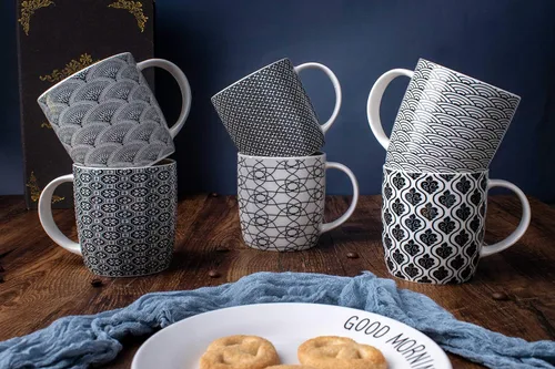 Miniatura 2 de Juego de 6 tazas de café de 11.5 onzas con patrones geométricos en blanco y negro, juego de tazas de té de cerámica Juego de 6 tazas negras