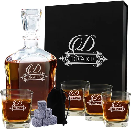 My Personal Memories, Juego de decantador de whisky personalizado de 5 piezas, decantador y juego de regalo de 4 vasos, grabado personalizado con