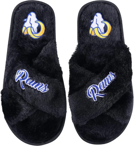 Miniatura 30 de FOCO Pantuflas deslizantes cruzadas mullidas con logotipo de texto del equipo NFL para mujeres