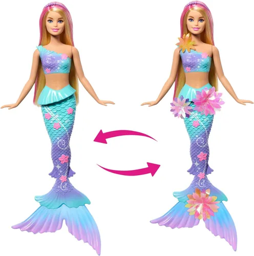 Miniatura 4 de Muñecas de juguete de sirena Barbie con función sorpresa de flores mágicas en flor, colas ombre, accesorio diadema de perlas y pelo largo rubio