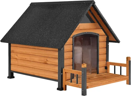 Casa para perros con marco de hierro metálico antimordeduras, caseta de madera para exteriores, refugio interior para cachorros para perros