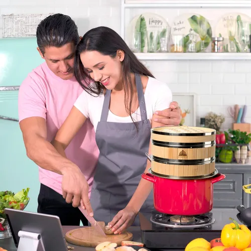 Miniatura 7 de Cesta para cocinar al vapor de bambú de 2 niveles Cesta para cocinar al vapor de bambú con forro reutilizable de silicona Kit de dim sum