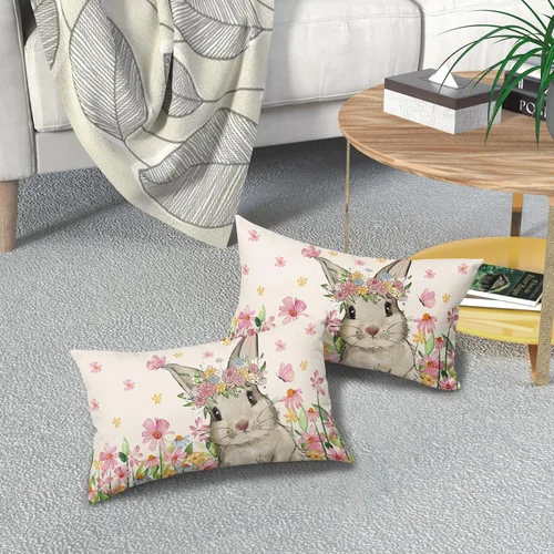 Miniatura 7 de Juego de 2 fundas de almohada de primavera de 12 x 20 pulgadas, diseño floral de conejo, conejo, floral, decorativas, lumbar, para sofá o cama