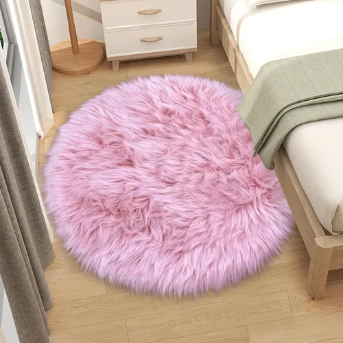 Miniatura 3 de Alfombras Redondas Rosadas Esponjosas de 4 Pies para Dormitorio de Niñas, Alfombra de Piel Sintética de Oveja de Felpa para Sala de Estar, Alfombra