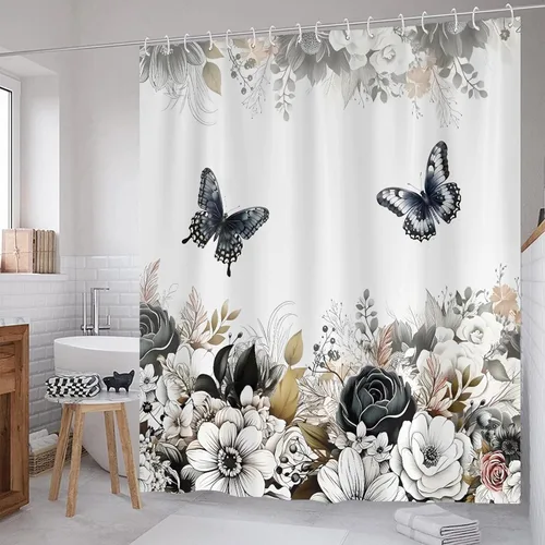 Miniatura 2 de Cortina de ducha floral negra y blanca, cortinas de ducha de flores y mariposas para baño, cortinas de baño de tela impermeable con hojas florales