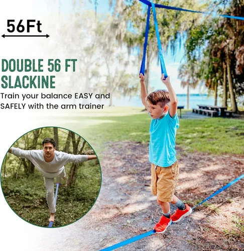 Miniatura 7 de Carrera de obstáculos Ninja Warrior para niños, kit de línea floja de 2 x 56 pies con 8 accesorios ninja + hebillas de ajuste rápido, barra de mono