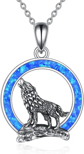 YFN Collar de lobo, regalo para hombres y mujeres, plata de ley, ópalo y luna lobo, joyería de cumpleaños para amantes del lobo, 18+2 pulgadas