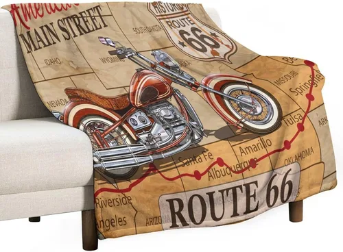 Miniatura 18 de Manta de motocicleta antigua, rústica y clásica, con temática de auto clásico, ruta de EE. UU., 66, patrón impreso, manta de franela súper suave