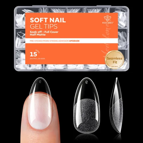 Modelones 240 puntas de uñas de gel de almendra, uñas de gel suave de cobertura completa de grano 40 pregrabadas, medio mate, 15 tamaños, puntas de