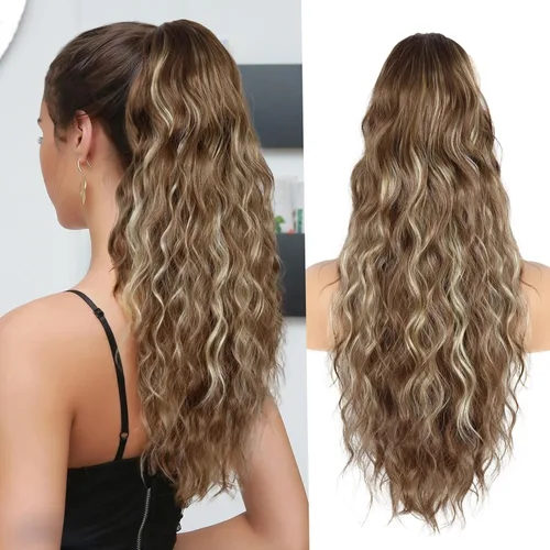 Miniatura 14 de Extension de cola de caballo con cordón de 26 pulgadas para mujer, extensiones de cola de caballo largas y onduladas, extensiones de cabello