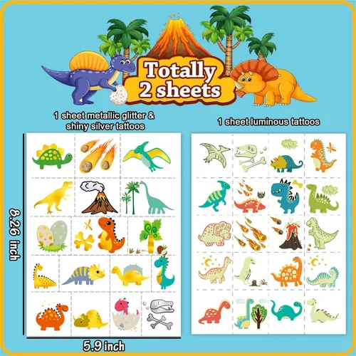 Miniatura 2 de Leesgel Tatuajes temporales de dinosaurio para niños, calcomanías de dinosaurio, decoraciones de suministros de fiesta de cumpleaños de dinosaurio