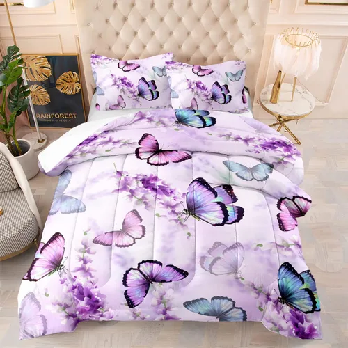 Miniatura 22 de Juego de edredón de unicornio para niñas, juego de ropa de cama de mariposa, juego de edredón de arco iris, tamaño individual con 1 edredón y 2