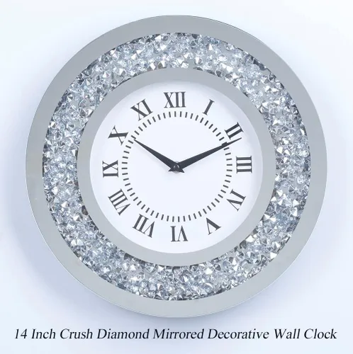 Miniatura 3 de Reloj de pared grande con espejo plateado brillante brillante brillante con diamantes para decoración de pared, espejo de cristal plateado