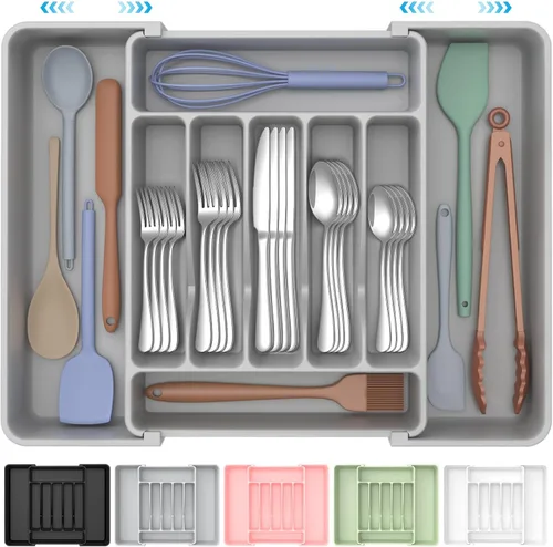 Miniatura 9 de ukeetap Organizador de cubiertos expandible extragrande, sin BPA, apto para alimentos, organizador de cajones de utensilios de cocina, soporte Negro