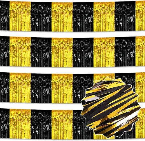 Miniatura 30 de Paquete de 4 guirnaldas de flecos de papel de aluminio negro de 10 pies con serpentinas metálicas de oropel para colgar en la pared, guirnalda