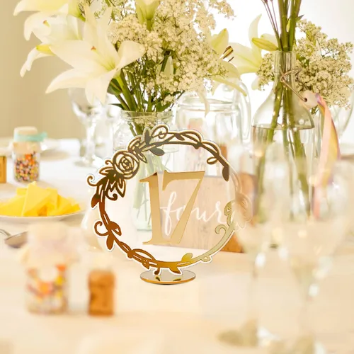 Miniatura 5 de Elegantes números de mesa de espejo - Números de mesa de recepción de boda de acrílico con soportes de encaje por Rely2016