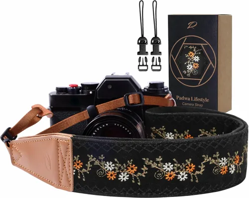 Padwa Lifestyle Correa para cámara, correas de cuero de grano completo de 2 pulgadas para fotógrafos, tejido de algodón bordado vintage, tela de