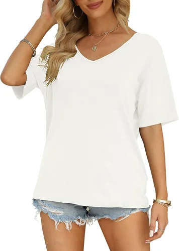 Miniatura 3 de MIROL Camisetas de media manga para mujer, cuello en V, de gran tamaño, holgadas, lisas, casuales, básicas