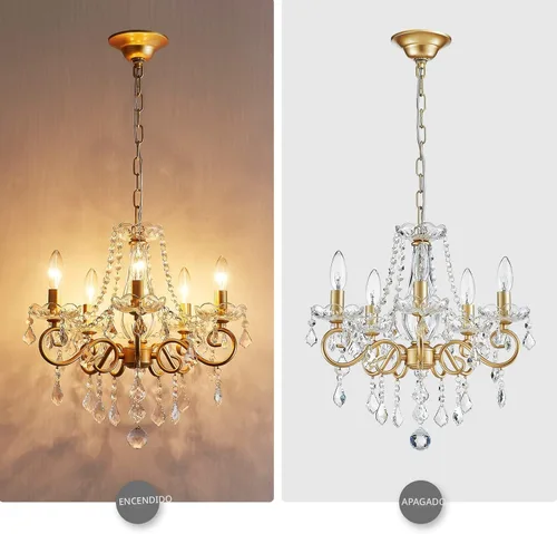 Miniatura 4 de ANJIADENGSHI Mini Candelabro de Cristal K9 Cristal Dorado para Sala de Estar, Dormitorio, Comedor, Isla de Cocina, Entrada, 5 Bombillas E12, Alto