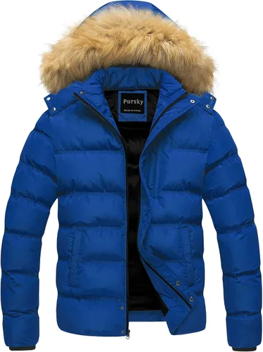 Miniatura 10 de Pursky Chaqueta de plumón impermeable para hombre, abrigos de invierno con capucha de piel para esquiar, parka con capucha de piel