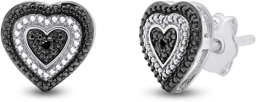 Miniatura 2 de Aretes con forma de corazón de diamantes naturales en blanco y negro en oro de 14 quilates sobre plata esterlina (0.02 quilates)