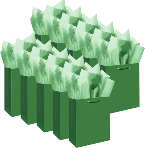 Miniatura 26 de qiqee 10 mini bolsas de regalo color verde frijol con asas de papel de seda de 6.3 x 4.7 x 2.4 pulgadas, tamaño pequeño para regalos de fiesta