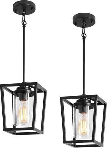 Miniatura 9 de Paquete de 2 luces colgantes negras para isla de cocina, lámparas colgantes de granja con pantalla de vidrio, iluminación moderna para isla