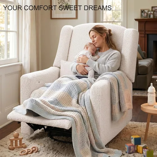 Miniatura 3 de Power Nursery Recliner Rocking Chair with Waist Pillow, Comfy Teddy Farbric, High Back & Lumbar Support Swivel Gilder Recliner for Adults, Living