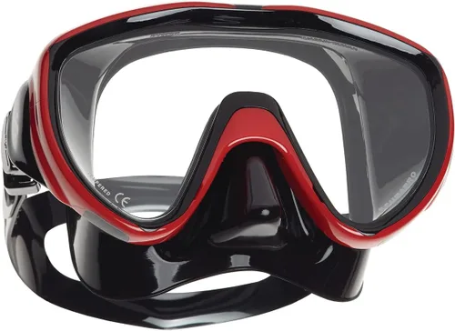 SCUBAPRO Flux - Máscara de buceo con lente única ultra transparente y falda de silicona hipoalergénica para buceo, apnea o esnórquel, negro/rojo