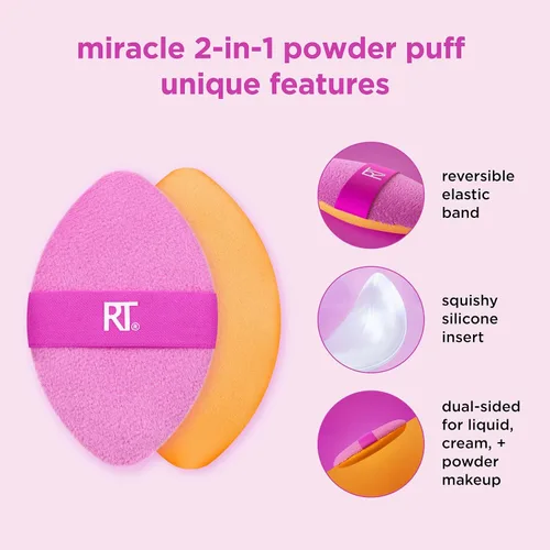 Miniatura 5 de Real Techniques Miracle 2 en 1 borla de polvo + estuche de viaje, borla de mezcla de maquillaje de doble cara, banda elástica, esponja de maquillaje