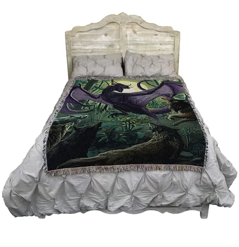 Miniatura 2 de Pure Country Weavers Manta de dragón y lobos, tapiz de regalo de fantasía tejida de algodón, fabricada en los Estados Unidos (72 x 54 pulgadas)