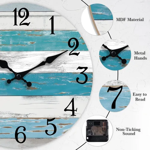 Miniatura 5 de KECYET Reloj de pared con pilas de 14 pulgadas para exteriores, estilo de playa grande, color azul, costero, retro, silencioso, sin tictac, Azul