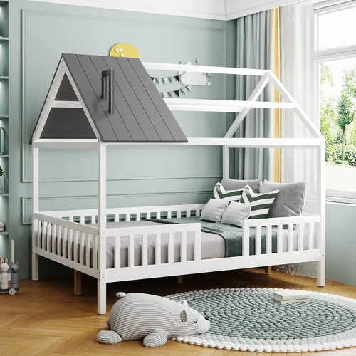 Miniatura 9 de Merax Cama de madera de tamaño individual, marcos de cama individual de madera maciza con nido y estante, cama de casa para niños, color blanco